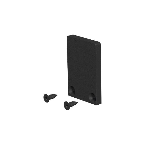 Schwarze rechteckige Metallplatte mit zwei Bohrlöchern, daneben zwei schwarze Schrauben.