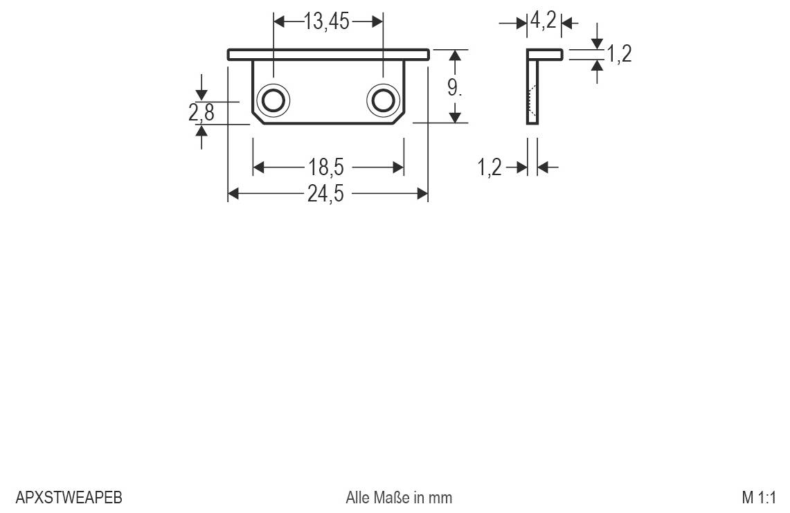 Technische Maßzeichnung einer kleinen Metallhalterung mit zwei Befestigungslöchern, Vorder- und Seitenansicht sowie Maßangaben in Millimetern.