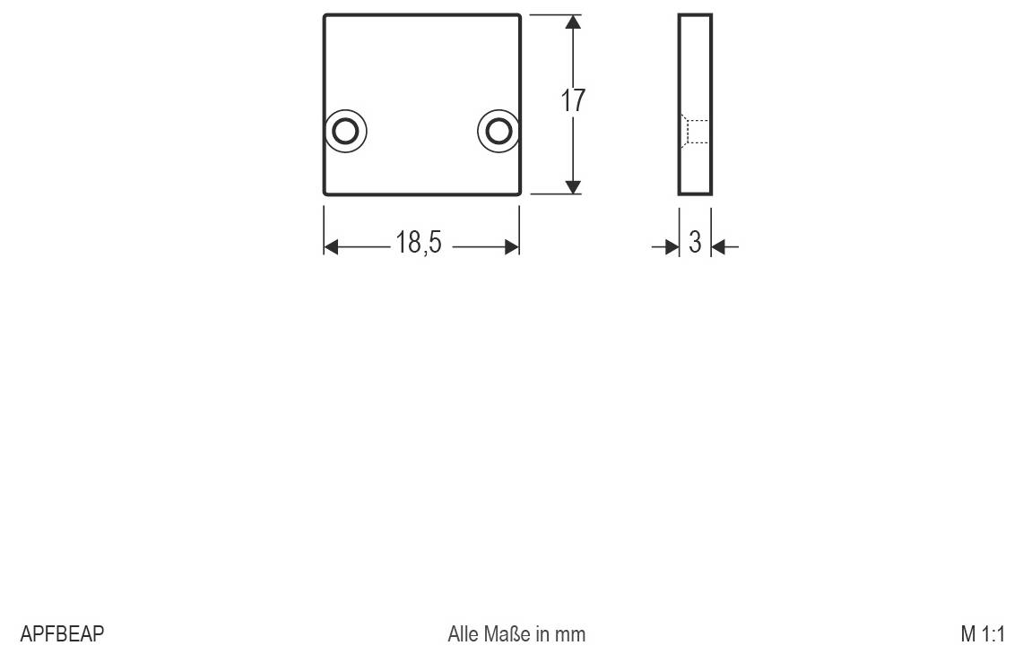 Technische Zeichnung einer rechteckigen Platte mit zwei Bohrungen; die angegebenen Abmessungen sind 18,5 mm breit, 17 mm hoch und 3 mm dick.