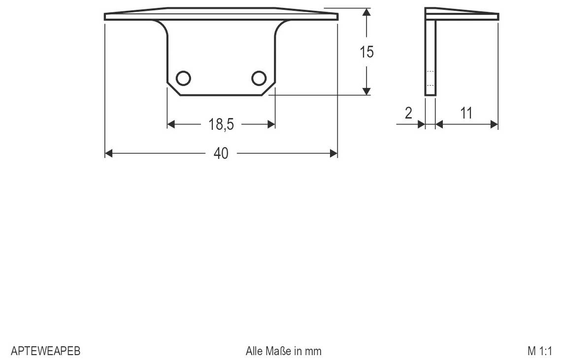 Technische Zeichnung einer Halterung oder eines Clips mit Abmessungen in Millimetern: 40 mm breit, 15 mm hoch, 18,5 mm innere Breite, 2 mm Dicke, 11 mm Tiefe.