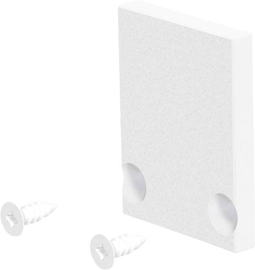 Wandmontage-Panel in Weiß mit zwei Schraubenanker daneben, die die Installationshardware zeigen.