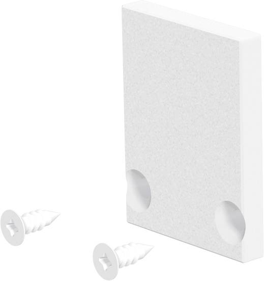 Weißes rechteckiges Paneel mit zwei vertieften kreisförmigen Löchern, gezeigt mit zwei Kunststoff-Wanddübeln/Schrauben in der Nähe auf weißem Hintergrund.