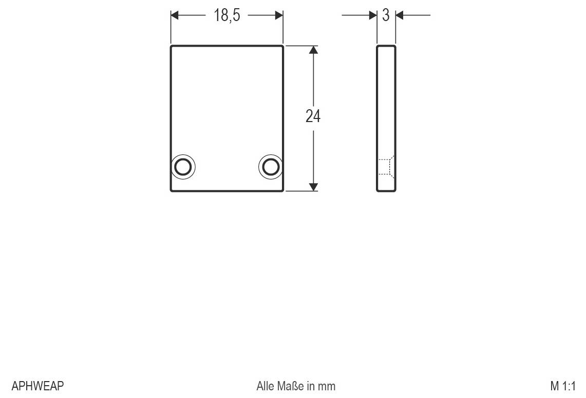 Technische Zeichnung einer rechteckigen Platte mit zwei unteren Bohrungen; die angegebenen Abmessungen sind 18,5 mm breit, 24 mm hoch und 3 mm dick.