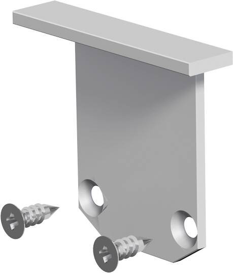 Graumetallhalter mit schrägem oberen Flansch und zwei Montagelöchern, gezeigt mit zwei Schrauben zur Installation.