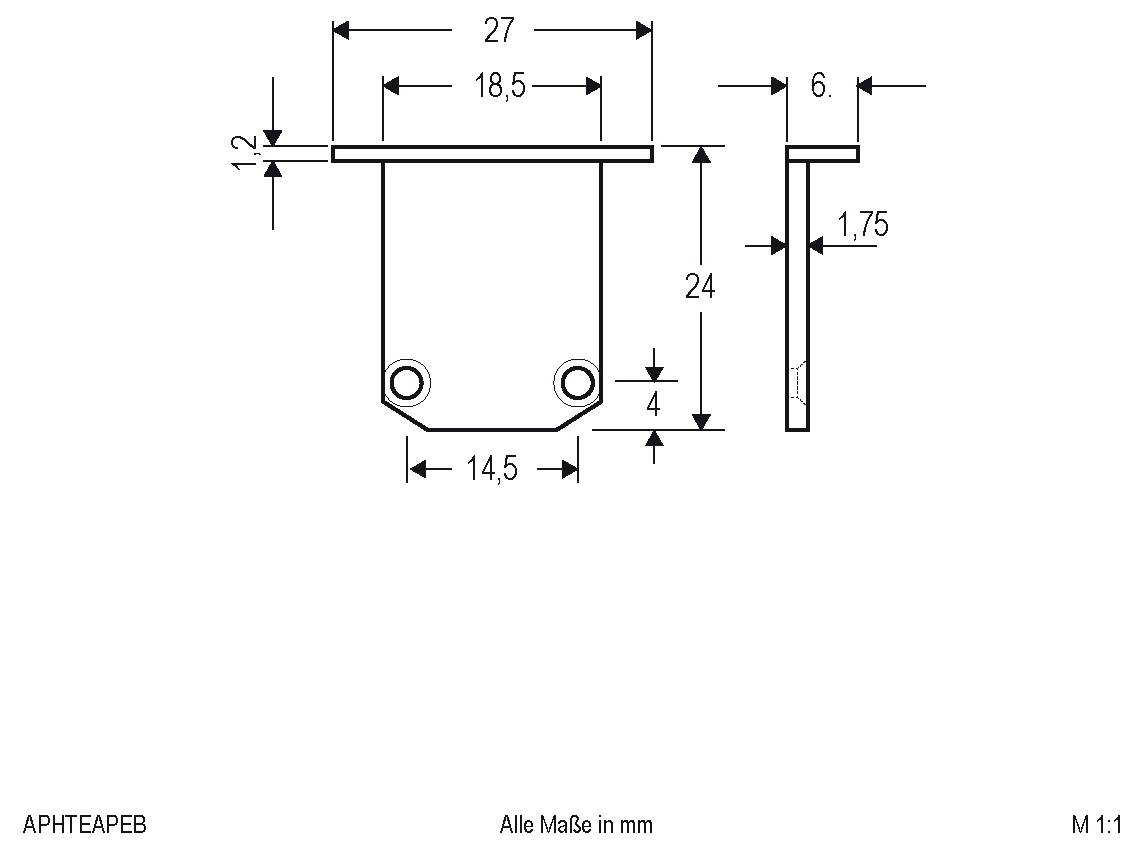 Technische Zeichnung einer Metallhalterung mit Abmessungen in Millimetern, zeigt Vorder- und Seitenansicht sowie Maße einschließlich 27, 18,5, 24, 14,5, 6, 1,75 und 1,2.