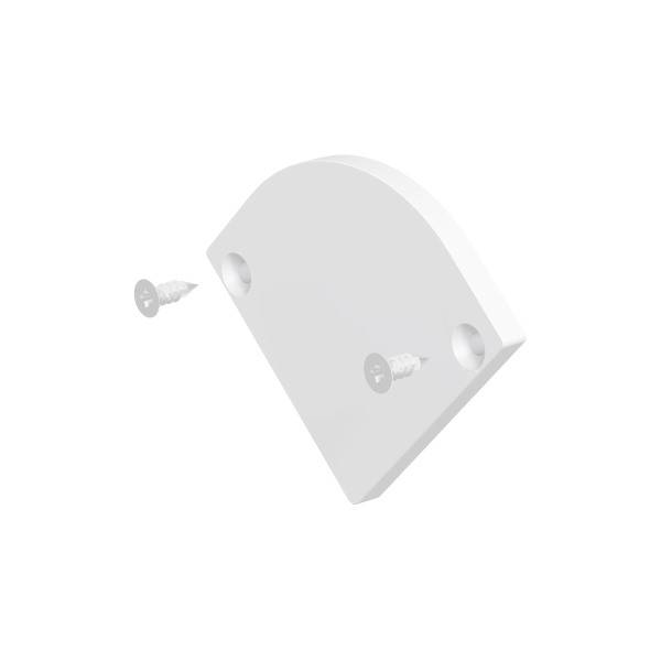 Weiße, halbkreisförmige Wandhalterung mit zwei senkrecht angeordneten Schrauben links und rechts.