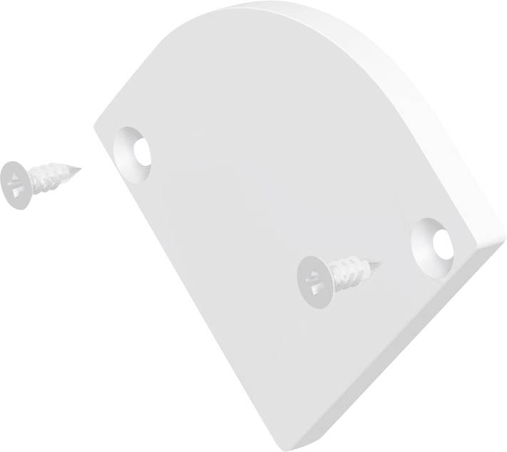 Weiße Wandhalterung mit zwei Schraubenlöchern und zwei daneben gezeigten Schrauben, was auf Installation oder Montage hinweist.