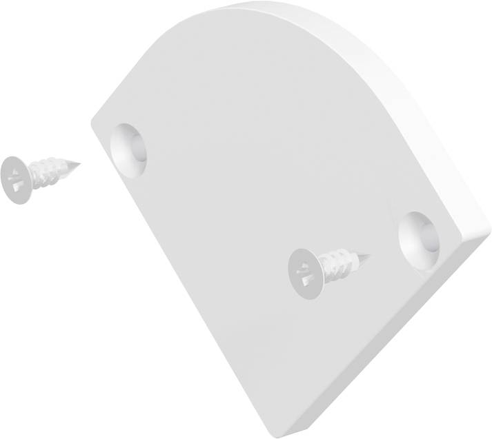 Weiße gekrümmte Wandplatte mit zwei Montagelöchern und in der Nähe abgebildeten Schrauben, was auf einen einfachen Hardware-Montage- oder Installationsschritt hindeutet.