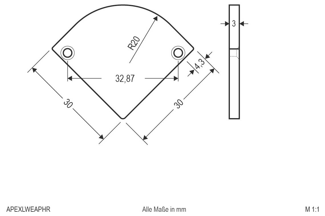 Technische Zeichnung einer abgerundeten rautenförmigen Platte mit zwei Seitenlöchern, mit Abmessungen in Millimetern: 30, 32.87, R20, 4.3, und Dicke 3.