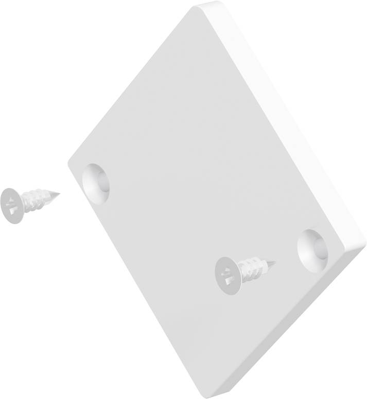 Weißer rechteckiger Block mit zwei vertieften Löchern und zwei Schrauben, die um ihn herum positioniert sind und auf Montage- oder Befestigungshardware hindeuten.