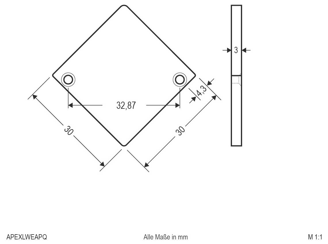 Maßstabgerechte technische Zeichnung einer rautenförmigen Platte mit zwei Kreislöchern; die in Millimetern angegebenen Abmessungen umfassen 32,87 Breite, 30 Seiten, 4,3 Lochabstand und 3 Dicke.