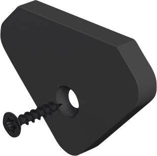 Schwarze Kunststoffmontageklammer mit einem zentralen Loch und einer Schraube an einem Ende, auf weißem Hintergrund dargestellt.