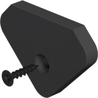 Schwarzer Kunststoff-Wandanker mit einer Schraube, die durch das zentrale Loch gesteckt ist, in Nahaufnahme auf weißem Hintergrund gezeigt.