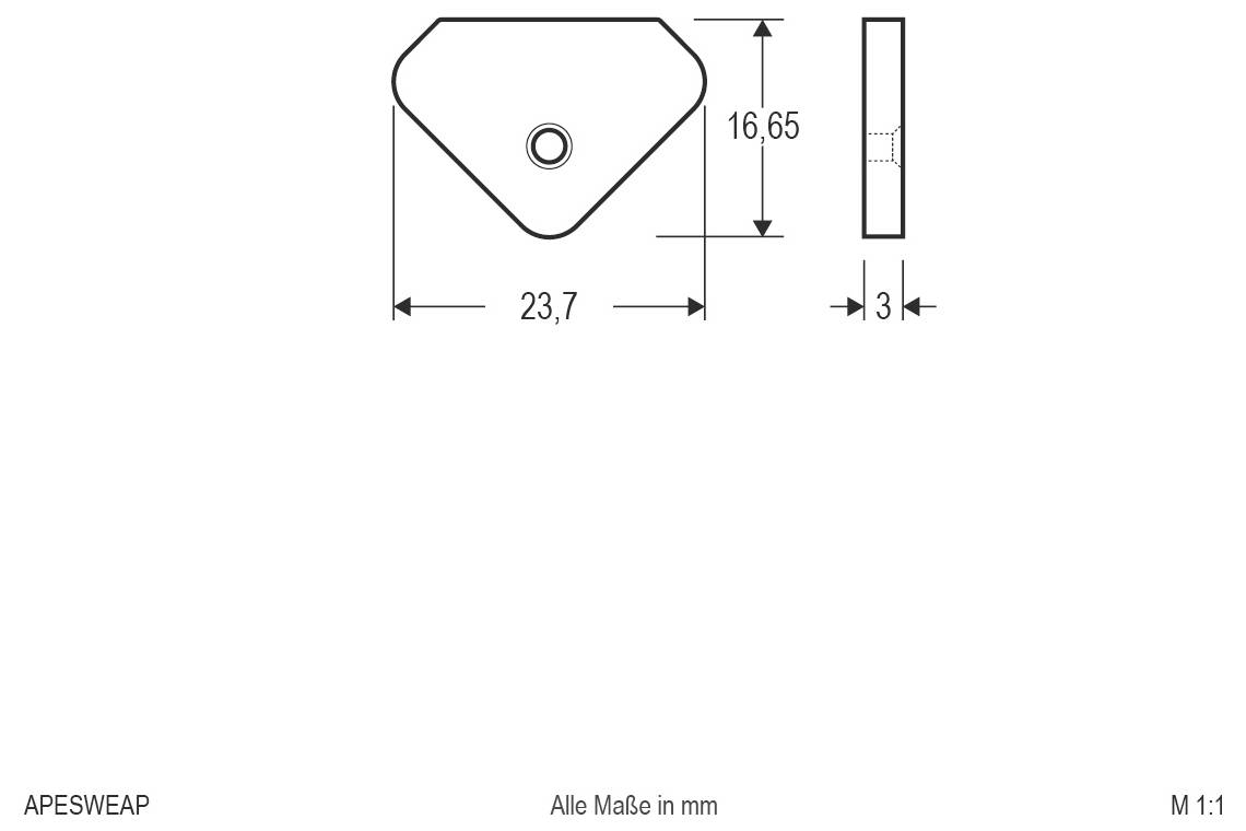 Technische Zeichnung eines dreieckigen Teils mit einer mittigen Bohrung, mit den Abmessungen 23,7 mm Breite, 16,65 mm Höhe und 3 mm Dicke.