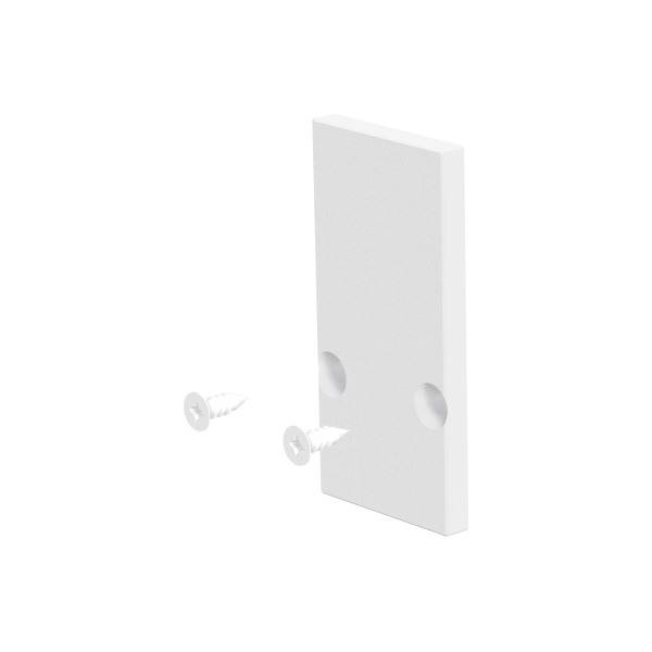 Weiße rechteckige Platte mit zwei vorgebohrten Löchern und zwei weißen Schrauben. Geeignet für Wandmontage oder Befestigung.