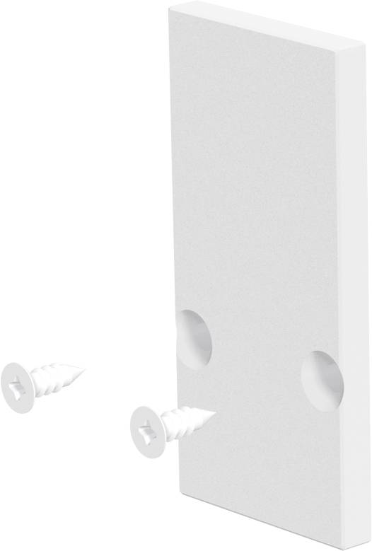 Weiße Wandverankerung und zwei Schrauben neben einer rechteckigen Montageplatte, die zeigt, wie man sie an der Wand befestigt.