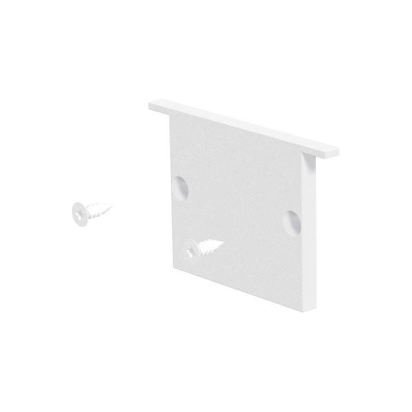 Weiße Montageplatte aus Kunststoff mit drei Löchern und einer kleinen, losen Schraube daneben.