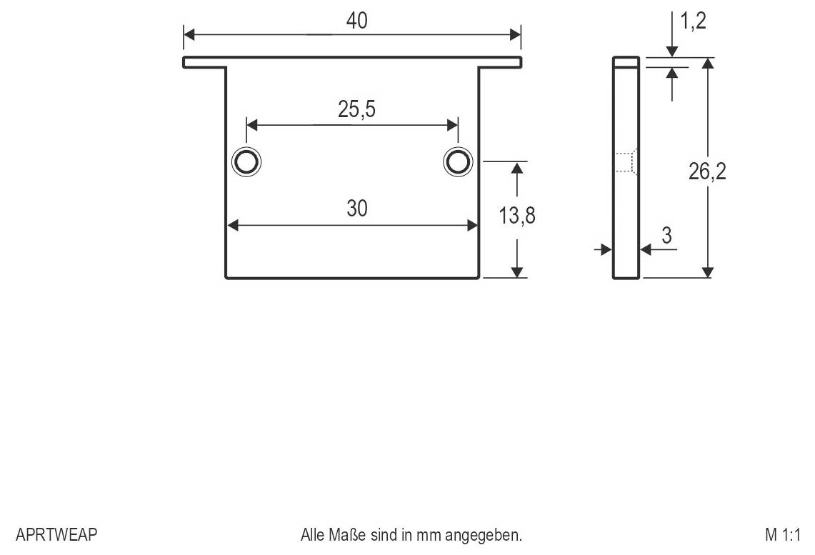 Bemessete technische Zeichnung eines kleinen rechteckigen Teils mit oberflansch, zwei seitenlöchern und beschrifteten abmessungen in mm: 40 breit, 26,2 hoch, 3 dick.