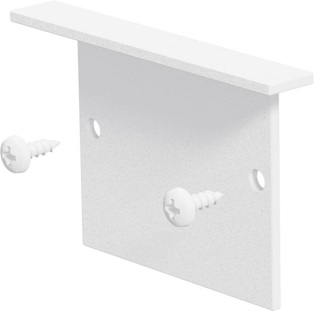 Weiße Metallhalterung mit oberer Lippe und zwei Schraubenlöchern, abgebildet mit zwei weißen Schrauben.