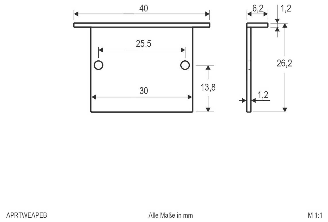 Technische Maßstabzeichnung einer kleinen Metallklammer, die Vorder- und Seitenansichten mit Abmessungen in Millimetern zeigt: 40 breit, 26,2 hoch, 6,2 tief, mit 25,5 und 30 Abstands Details und zwei Bohrungen.