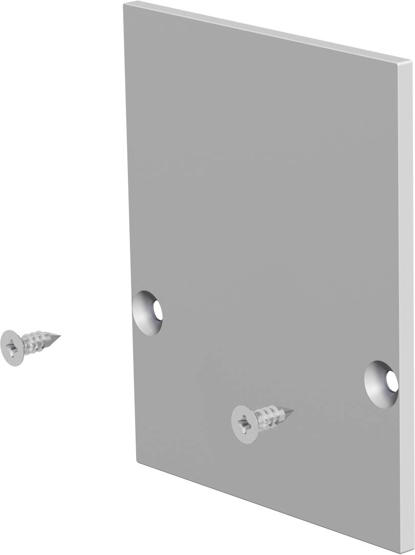 Graue Metallplatte mit drei versenkten Bohrungen und zwei Schrauben daneben gezeigt, eine bereits nahe der Bodenmitte eingesetzt.