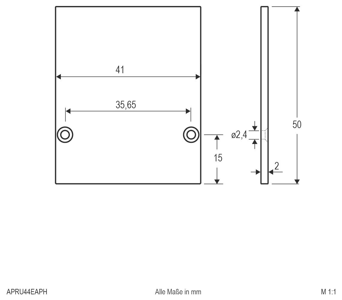 Technische Zeichnung einer rechteckigen Platte mit zwei unteren Bohrungen; Abmessungen in mm angegeben: 41 breit, 50 hoch, 2 dick, Bohrungsdurchmesser 2,4, Bohrungsabstand 35,65, Bohrungen 15 von unten.