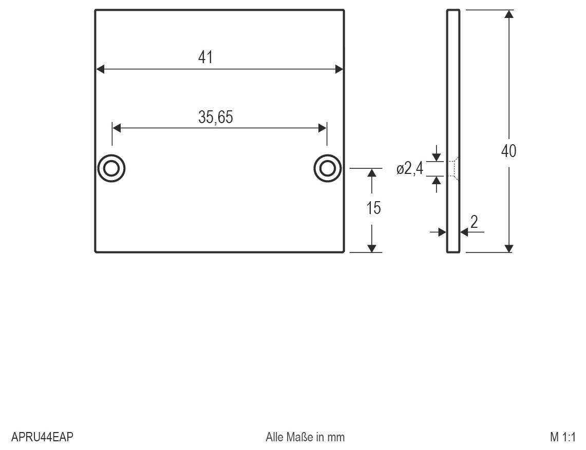 Technische Zeichnung einer rechteckigen Platte, 41 mm breit mal 40 mm hoch, mit zwei Ø2,4 mm Bohrungen mit einem Abstand von 35,65 mm zueinander und 15 mm vom unteren Rand.