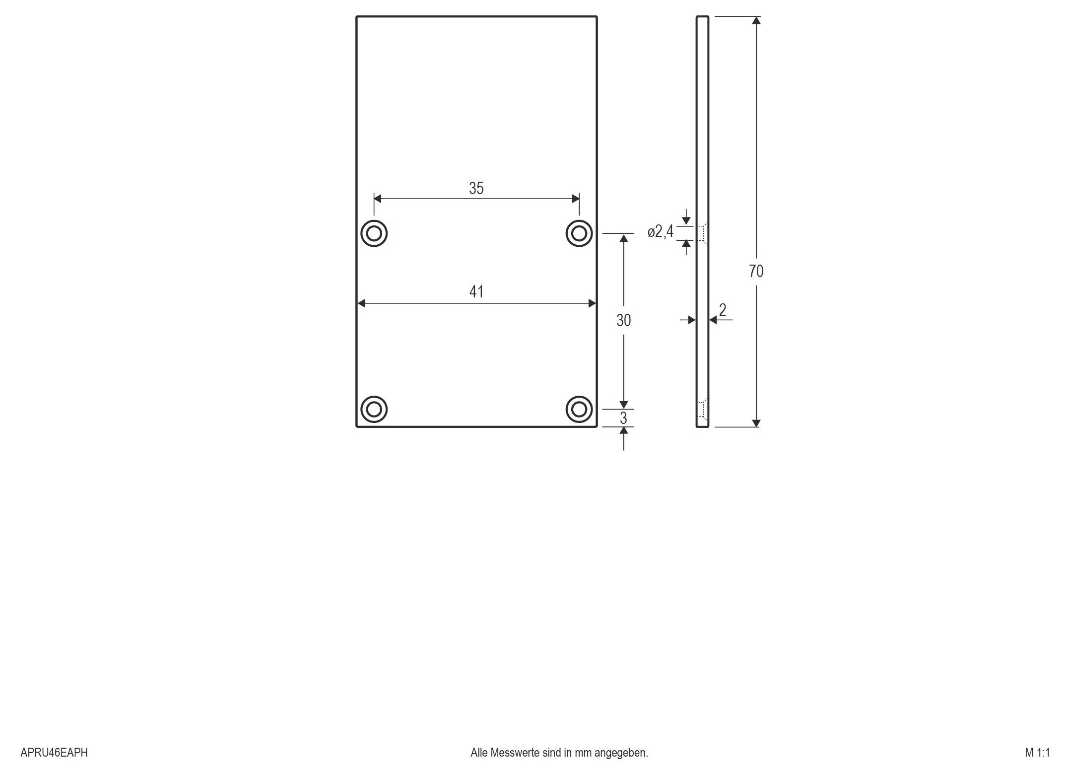 Technische Zeichnung einer rechteckigen Platte mit vier Ecklöchern; die angegebenen Maße umfassen 41 mm Breite, 70 mm Höhe, 35 mm innerer Abstand, 30 mm und 3,5 mm Versätze sowie 2,4 mm Dicke.