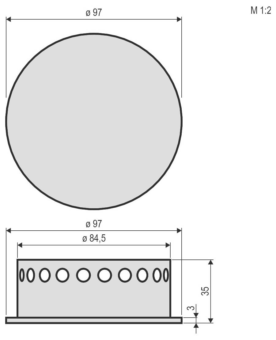 Technische Zeichnung einer kreisförmigen Kappe oder Abdeckung mit 97 mm Durchmesser, mit einer Seitenansicht, die einen 35 mm hohen Körper auf einer Basis zeigt und gleichmäßig verteilte ovale Löcher an der oberen Kante aufweist.