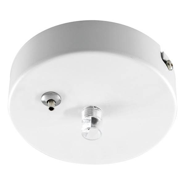 Ein weißer Deckenmelder mit einer Linse und einem kleinen Metallrohr an der Unterseite, möglicherweise ein Rauch- oder Bewegungsmelder.