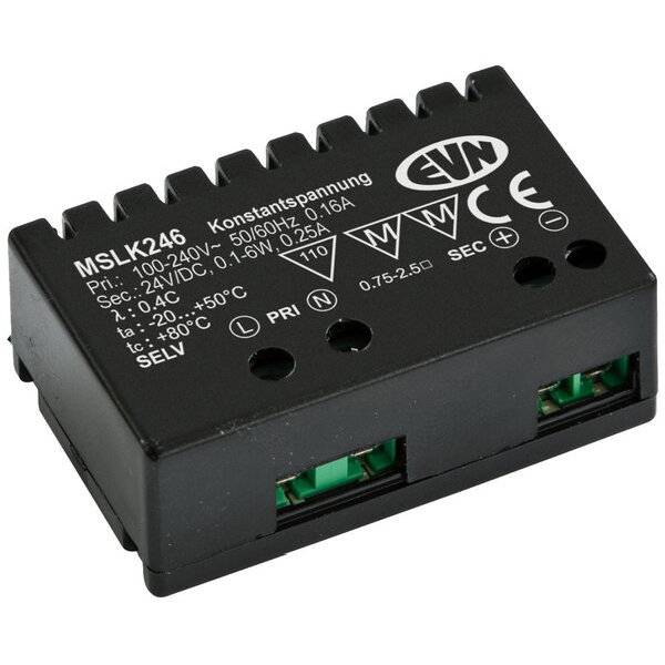 Ein schwarzes elektrisches Modul mit der Beschriftung 'MSLK246', das technische Spezifikationen und Prüfzeichen auf der Oberseite zeigt.