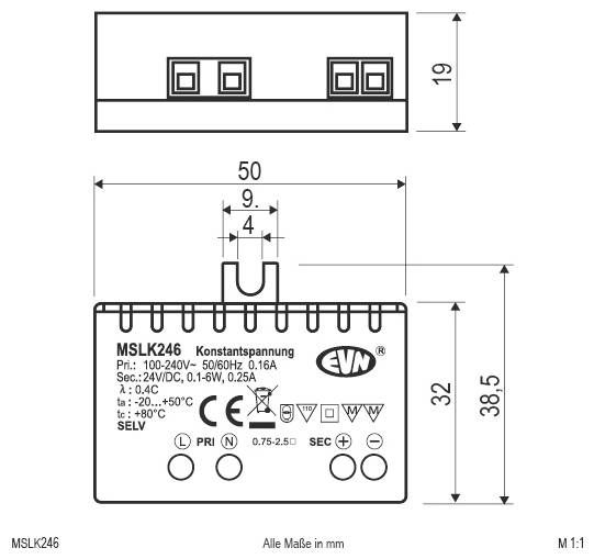 Technische Zeichnung eines MSLK246 Konstantspannungs-Stromversorgungsgeräts, zeigend Vorder- und Seitenansichten mit Abmessungen von 50 mm Breite, 38,5 mm Höhe und 19 mm Tiefe.