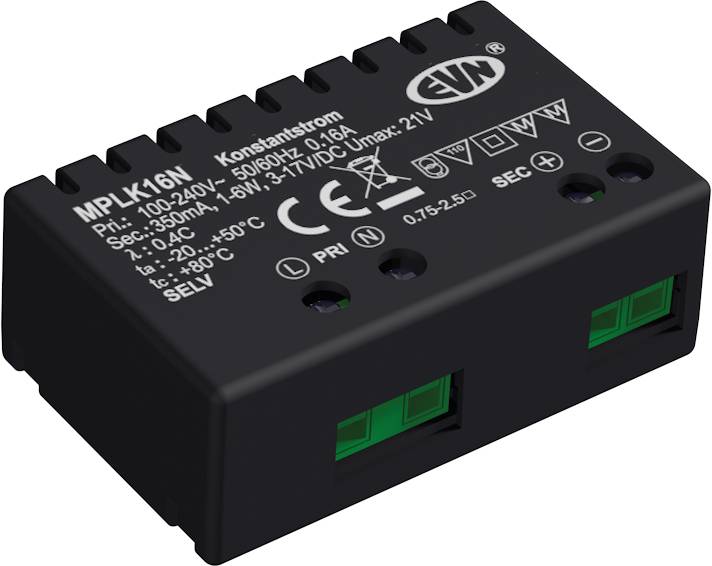 Schwarzes Konstlstrom-Elektromodul mit der Bezeichnung MPLK16N mit Eingabe- und Ausgabeanschlussmarkierungen, in 3D auf weißem Hintergrund dargestellt.