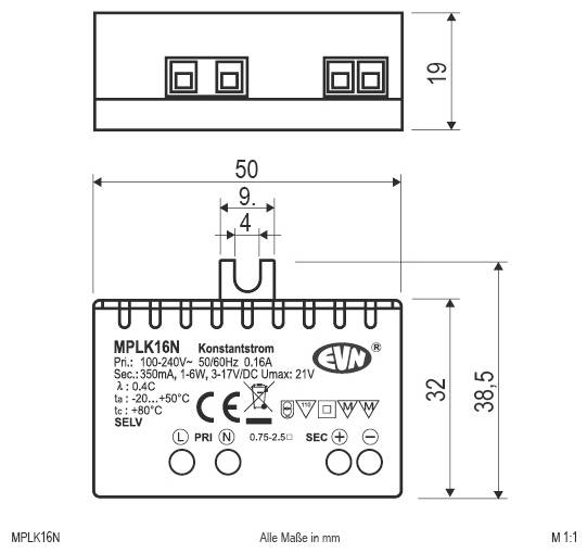 Technische Dimensionszeichnung eines MPLK16N-Stromversorgungsmoduls mit Front- und Seitenansichten sowie beschrifteten Abmessungen in mm und Anschluss-/Polaritätsmarkierungen.