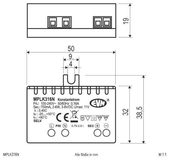 Technische Zeichnung eines MPLK316N Konstantstrom-Stromversorgungsgerätes mit bemaßten Vorder- und Seitenansichten, die Größe 50 x 38,5 x 19 mm und Anschlussanordnung zeigen.
