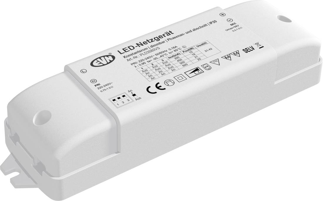 Weiße ZW LED-Stromversorgungseinheit ('LED-Netzgerät') mit technischem Etikett und Befestigungslöchern, dargestellt vor weißem Hintergrund.
