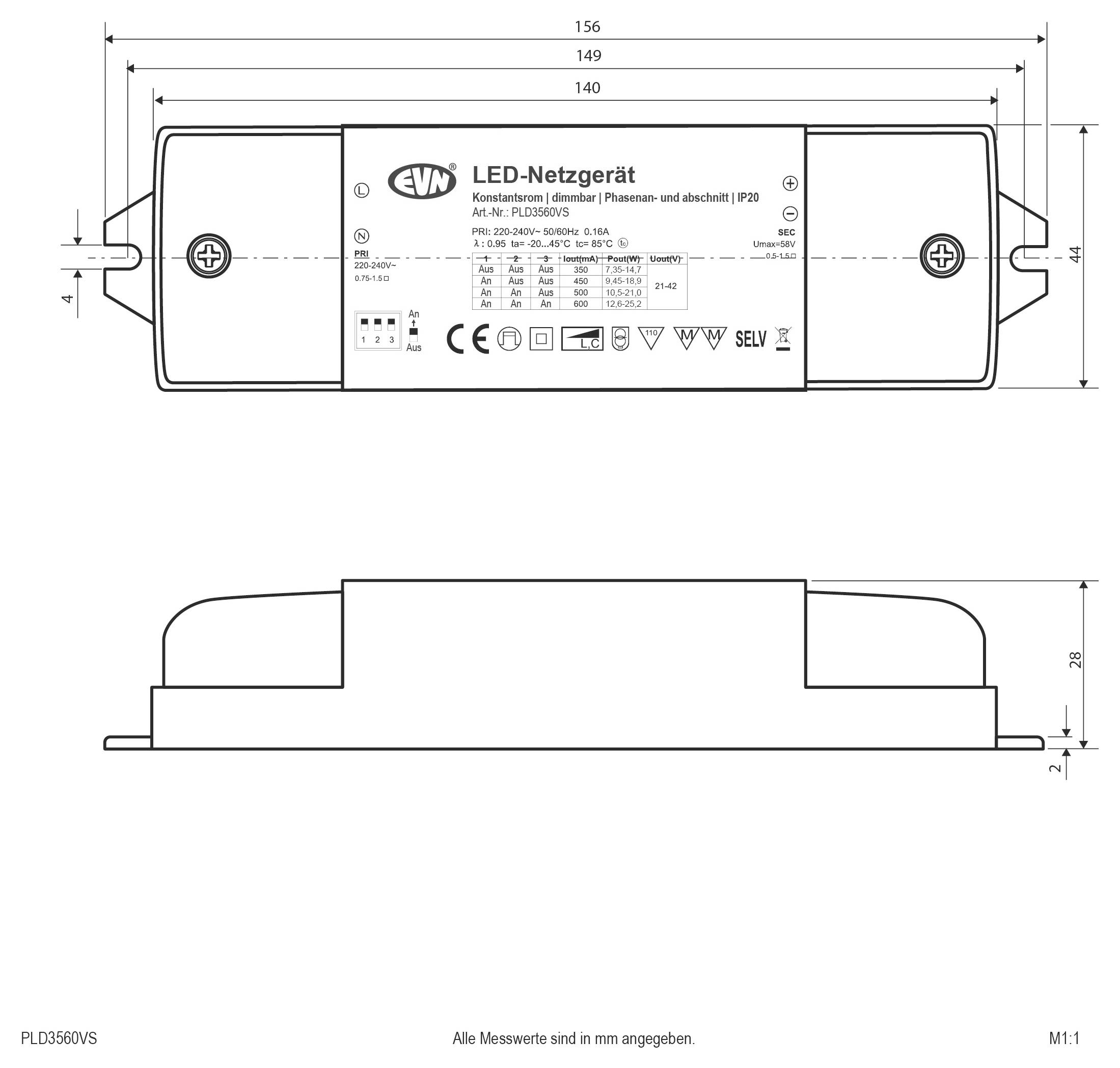 Technische Maßzeichnung eines LED-Stromversorgungsmoduls mit Draufsicht und Seitenansicht mit Abmessungen in Millimetern.