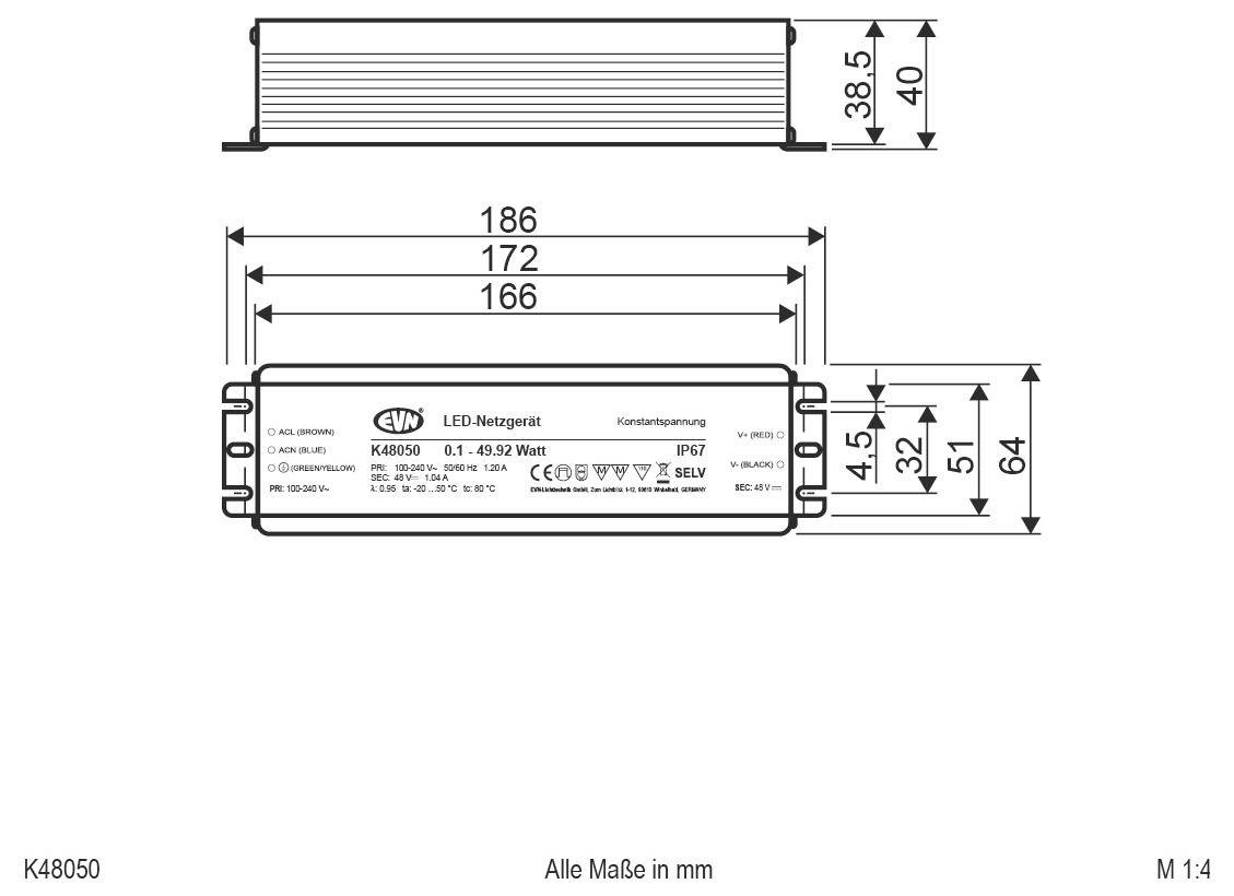 Technische Zeichnung eines LED-Stromversorgungsgeräts mit Seiten- und Frontansicht mit Abmessungen in Millimetern, einschließlich einer Länge von 186 mm und einer Höhe von 40 mm.