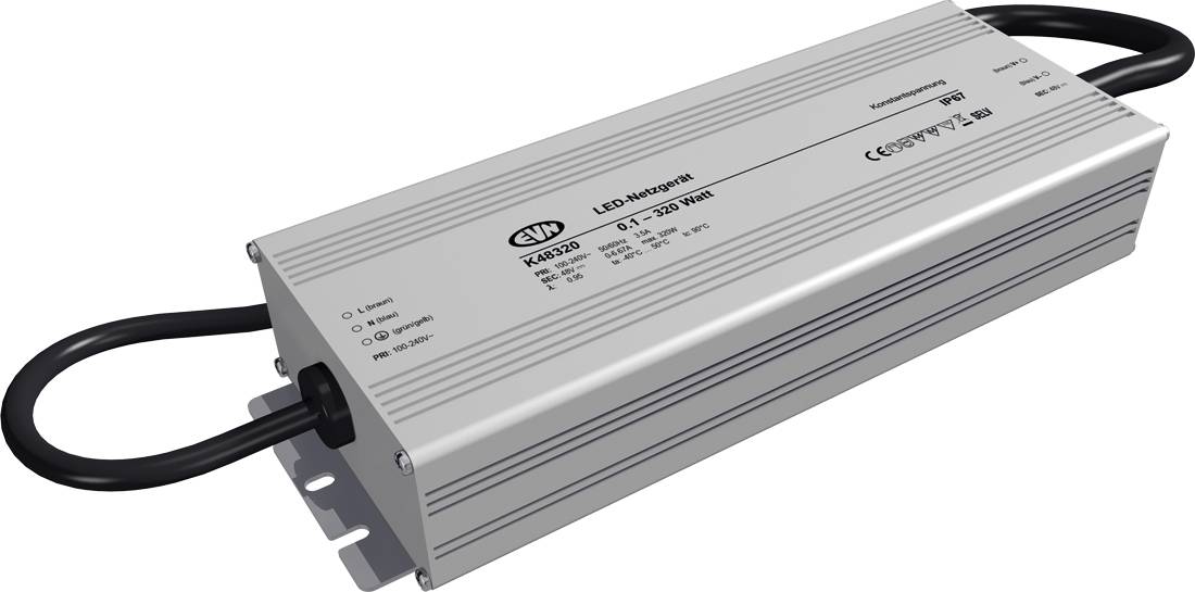 Silbernes rechteckiges LED-Treiber-/Netzteil mit angebrachten schwarzen Kabeln und Montagebracket, gezeigt auf weißem Hintergrund.