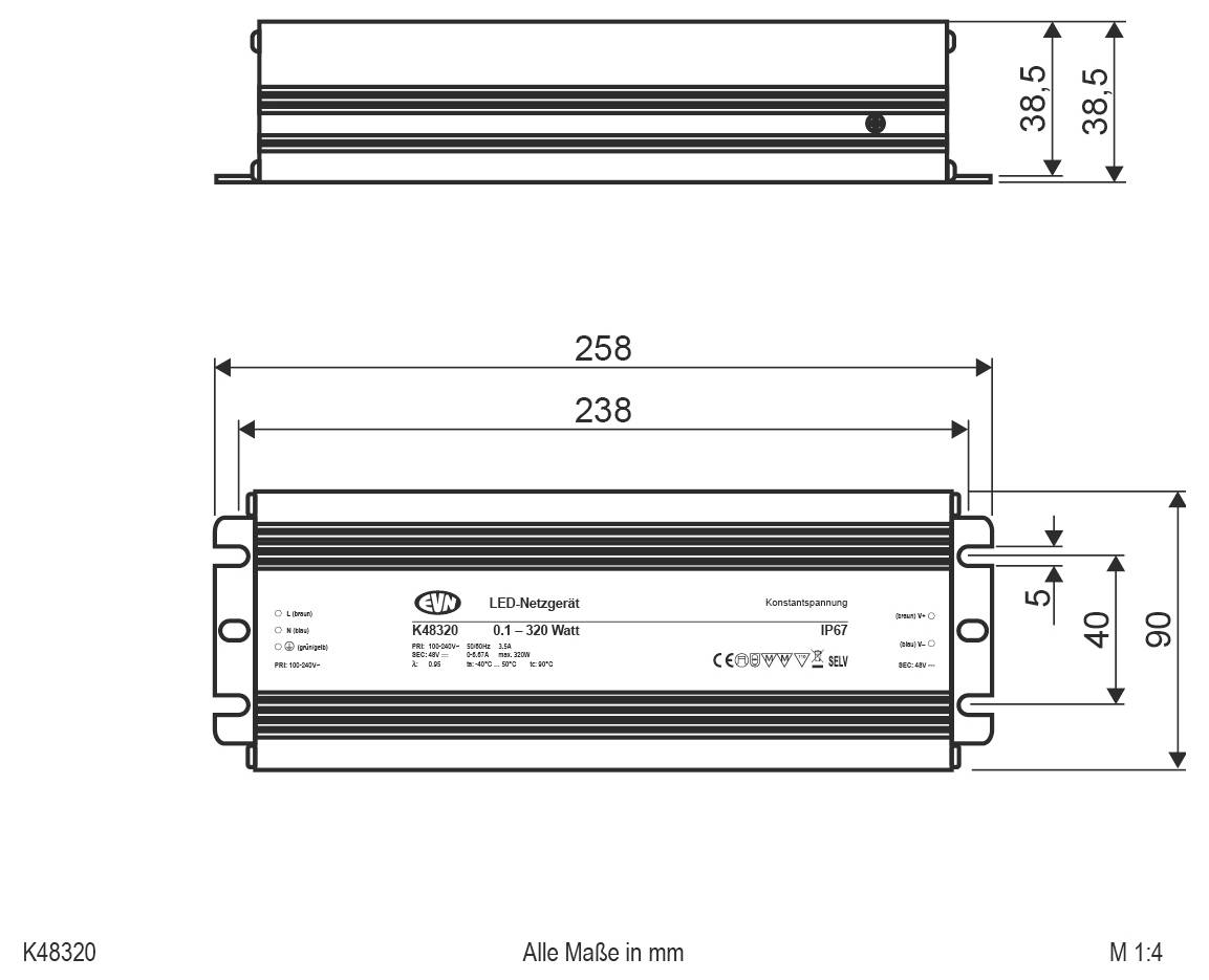 Technische Maßzeichnung eines LED-Stromversorgungsmoduls mit Vorder- und Seitenansicht mit Abmessungen in Millimetern (258 x 90 x 38,5 mm) und gekennzeichnetem Modell K48320.