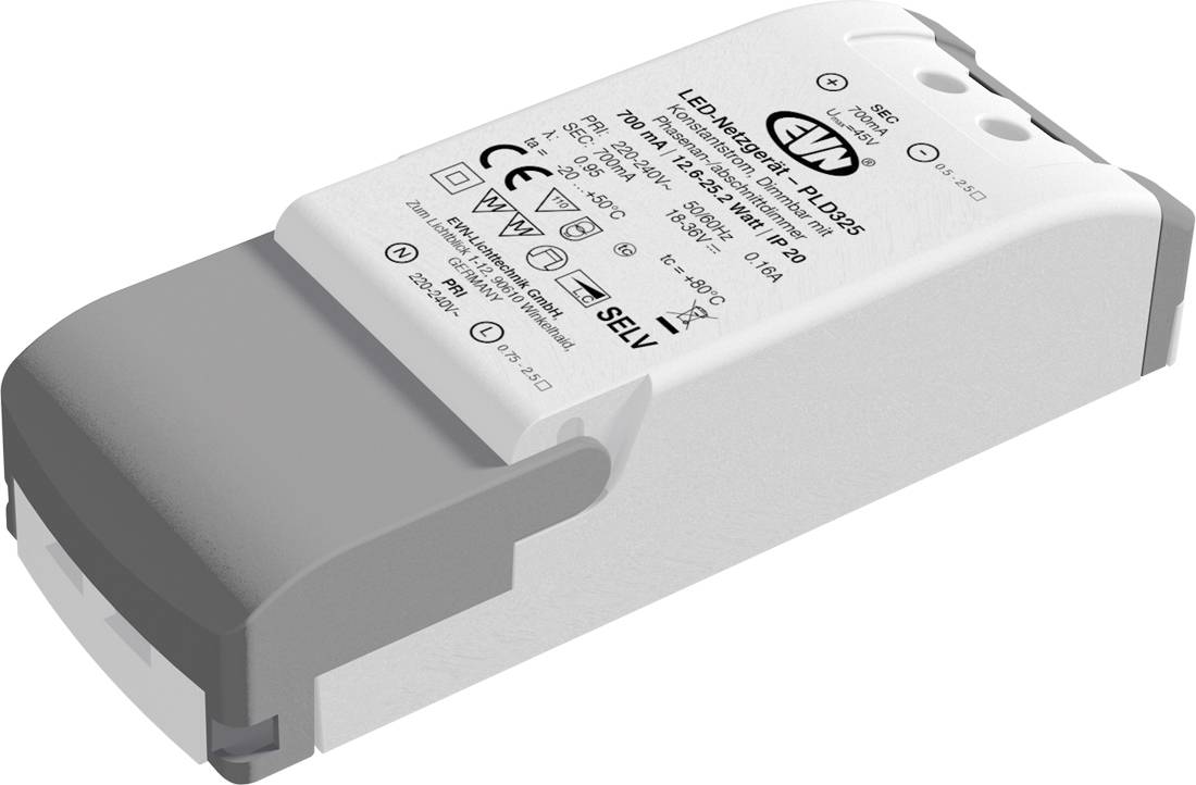 Weißes LED-Treiber-/Stromversorgungsmodul mit grauer Endkappe, gezeigt in der Produktansicht mit gedruckten Spezifikationen und Zertifizierungssymbolen auf der Oberseite.