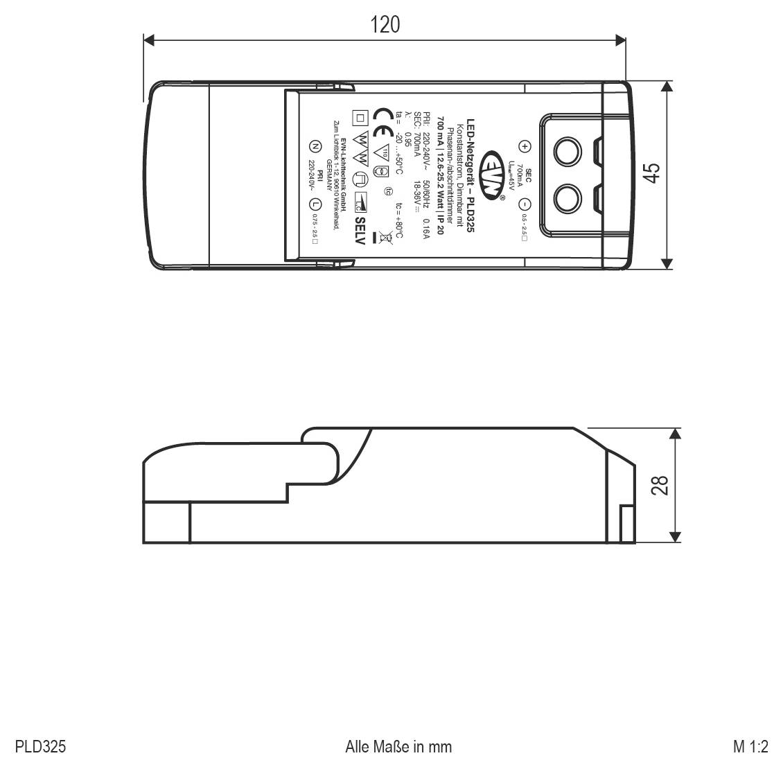 Technische Zeichnung eines rechteckigen elektrischen Geräts dargestellt in Draufsicht und Seitenansicht mit den Abmessungen 120 mm Länge, 45 mm Breite und 28 mm Höhe.