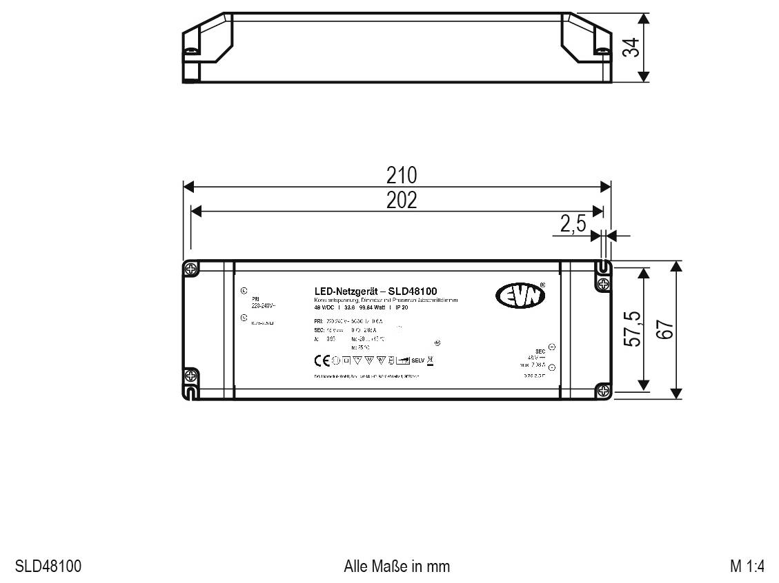 Technische Zeichnung eines LED-Treibermoduls mit Draufsicht und Vorderansicht mit Abmessungen in mm: 210 x 67 Gesamtgröße, 202 x 57,5 Gehäuse, 34 Höhe.