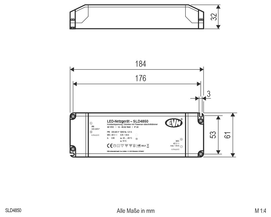 Technische Maßzeichnung eines EVN LED-Netzteils mit Drauf- und Frontansicht mit Abmessungen in mm: 184 x 61 x 32 Gesamtgröße, 176 mm Gehäuselänge und 53/61 mm Höhendetails.