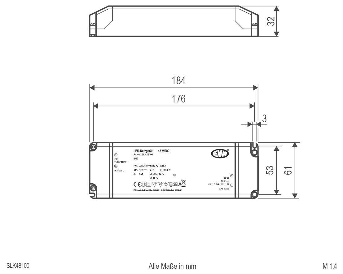 Technische Maßzeichnung eines rechteckigen LED-Stromversorgungsgeräts mit Vorder- und Seitenansicht mit Abmessungen in Millimetern.