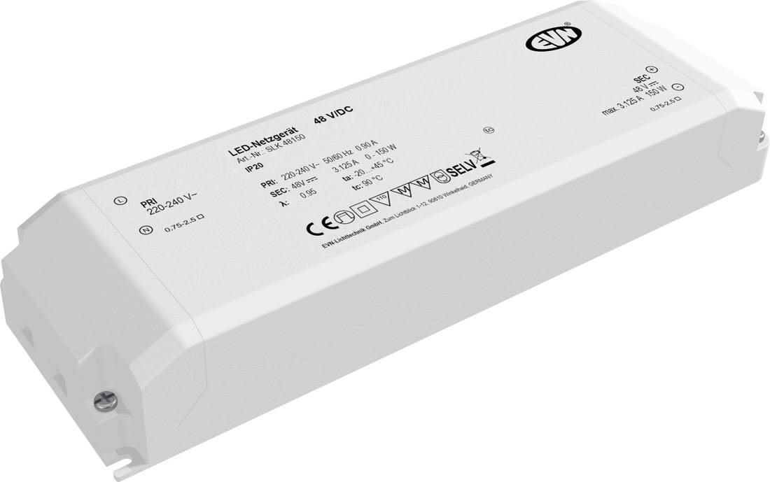 Weiße LED-Treiber-Metallstromversorgungsmodul mit der Bezeichnung „LED-Integrator" und „48 VDC", auf weißem Hintergrund dargestellt.