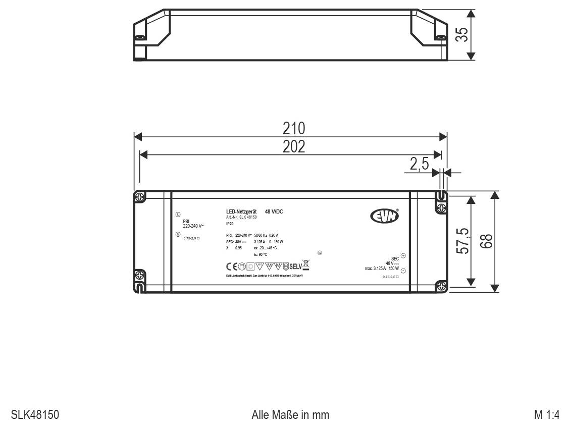 Technische Zeichnung eines LED-Treibers mit Abmessungen in Millimetern: 210 mm Länge, 68 mm Breite, 35 mm Höhe, mit detaillierten Montageabmessungen und Beschriftungen.