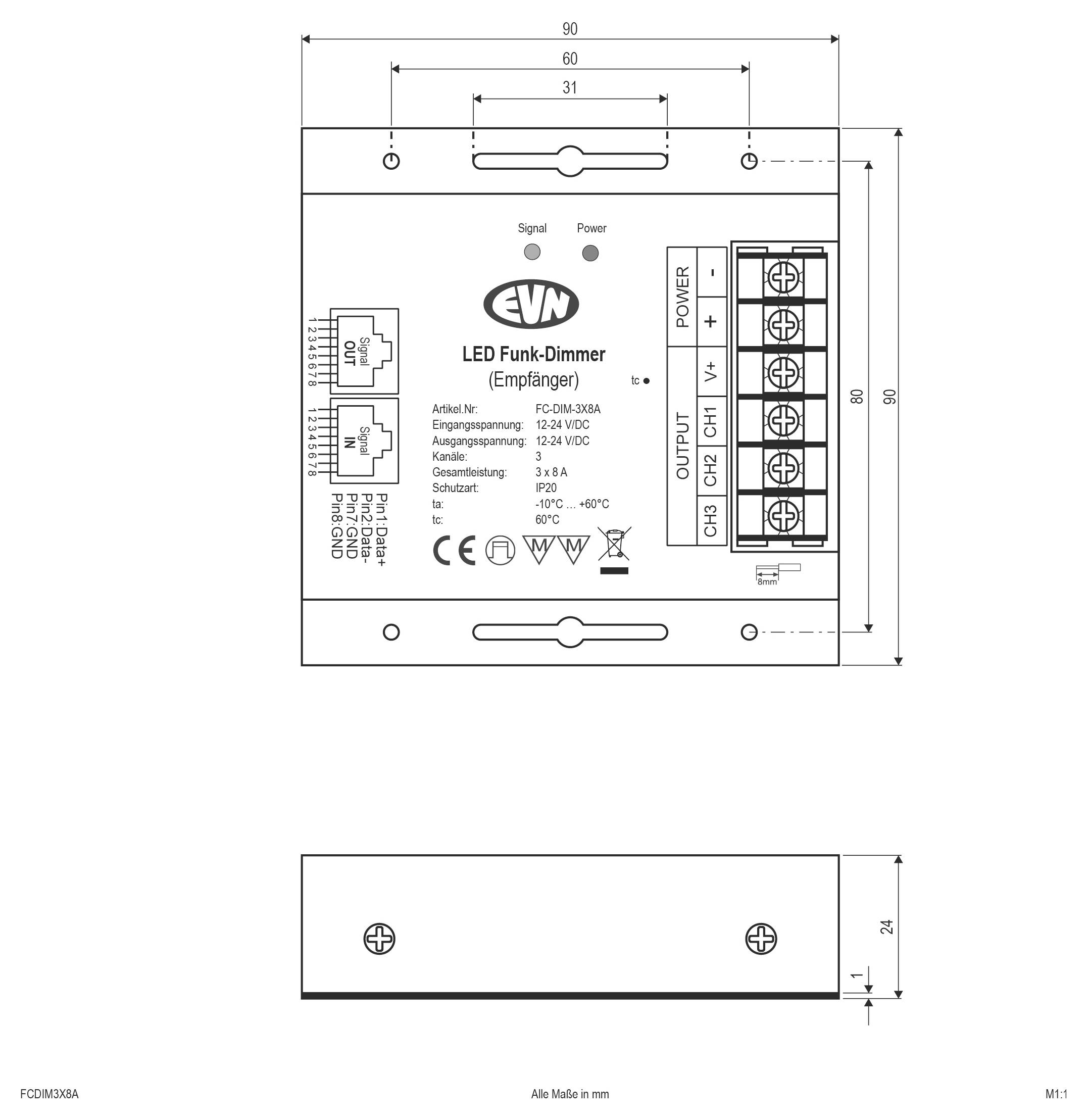 Technische Zeichnung eines EVN LED-Dimmempfängers mit beschrifteten Stromversorgungs- und Ausgangsklemmen, zeigt Vorder- und Seitenansichten mit Abmessungen in Millimetern.