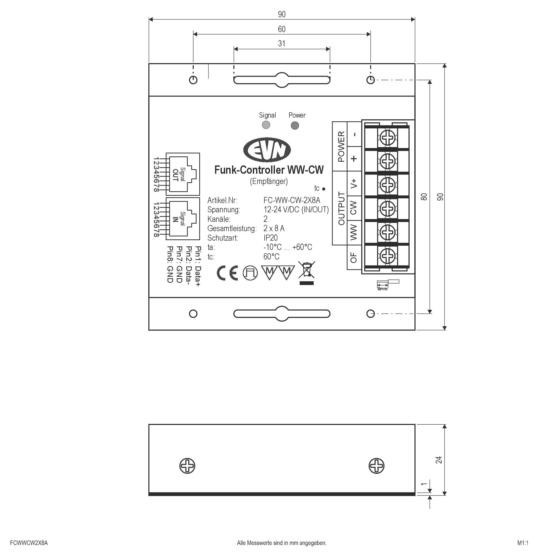 Dimensionierte technische Zeichnung eines EVN Funk-Controller WW-CW Empfängers mit Vorder- und Seitenansichten, Anschlussleisten, Befestigungslöchern und gekennzeichneten Stromversorgungs- und Ausgangsverbindungen.
