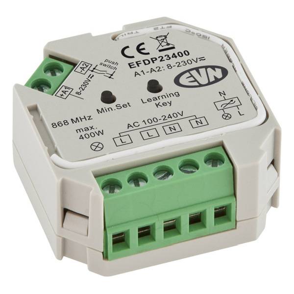 Elektronisches Steuergerät mit Anschlüssen, Modellnummer EFDP23400, unterstützt 868 MHz und AC 100-240V, kompakt für Schaltschränke.